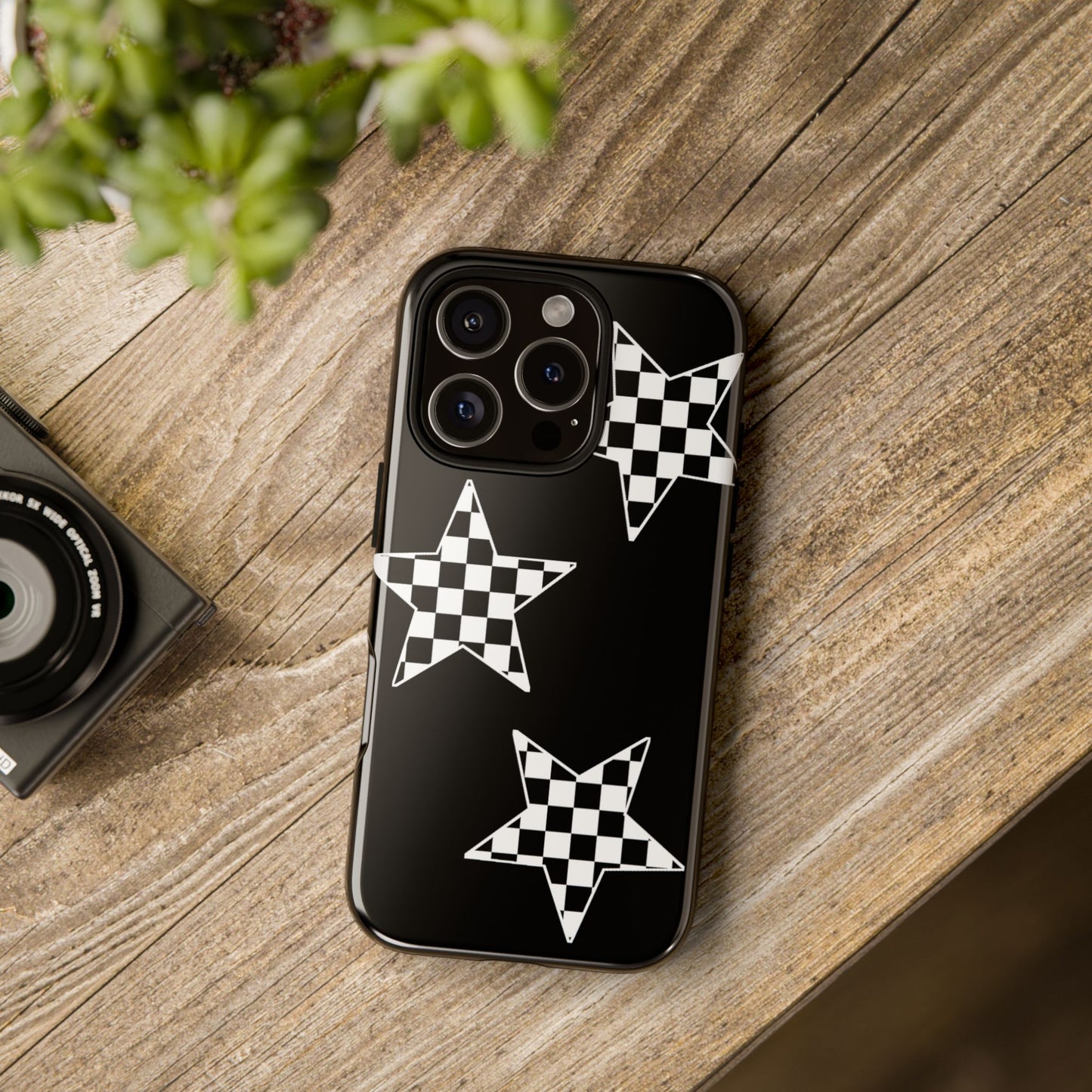 Checkered Star Tough Phone Case – Black Retro Graphic Protective Cover for Iphone, Samsung Galaxy and Pixel