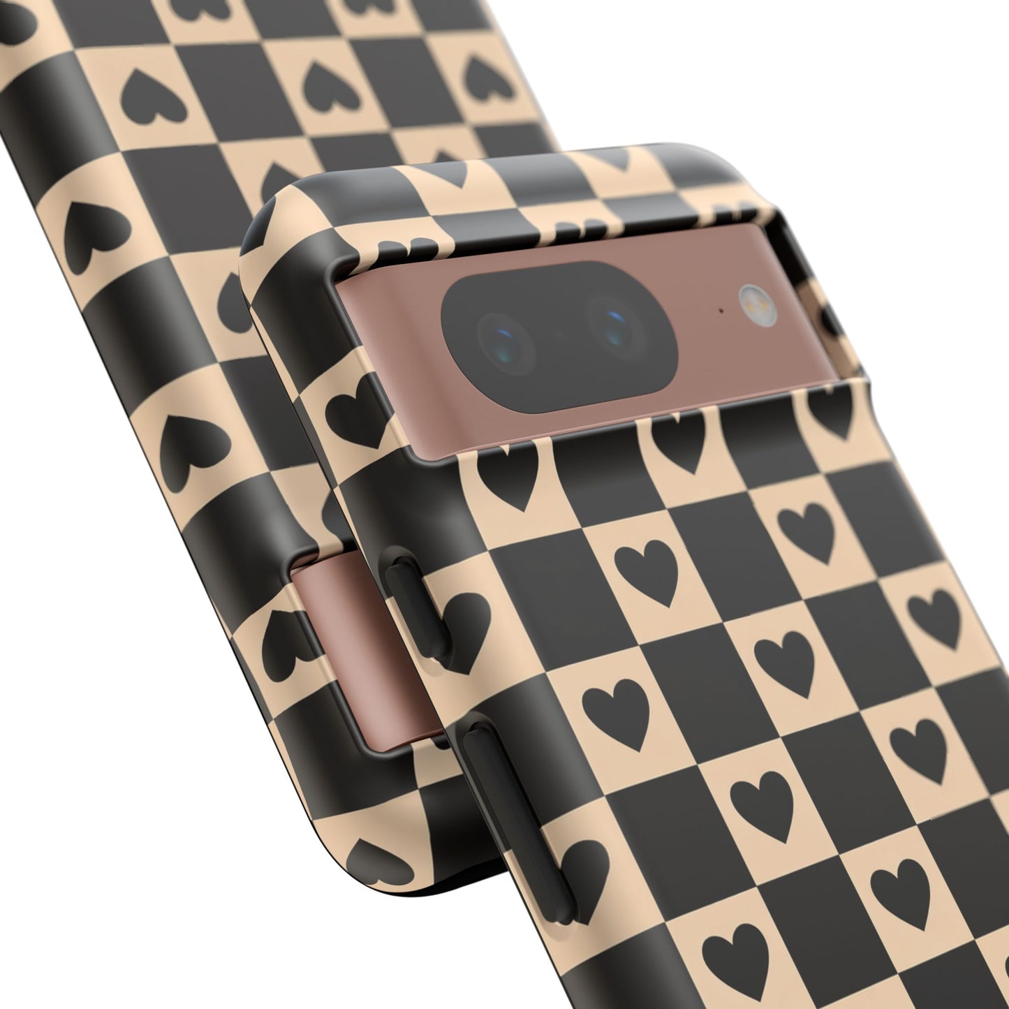 Checkerboard Heart Phone Case – Black & Beige Cute Aesthetic Protective Cover for Iphone, Samsung Galaxy and Pixel