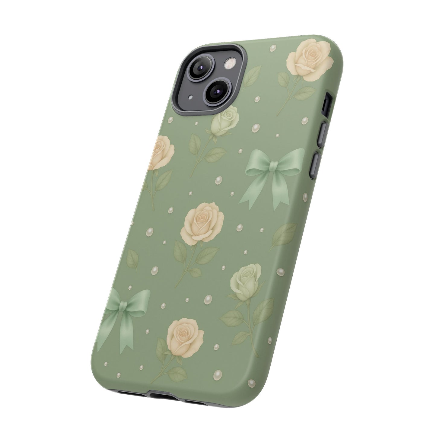 Vintage Rose Bow Phone Case – Sage Green Floral Coquette Aesthetic Tough Case (iPhone, Samsung, Pixel)