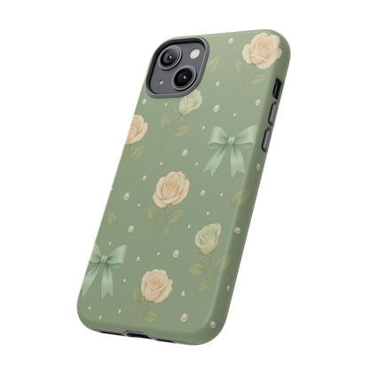 Vintage Rose Bow Phone Case – Sage Green Floral Coquette Aesthetic Tough Case (iPhone, Samsung, Pixel)