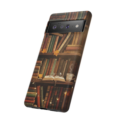 Cozy Vintage Bookshelf Phone Case, Library Aesthetic Book Stack, Autumn Coffee Vibes (iPhone, Samsung, Pixel)