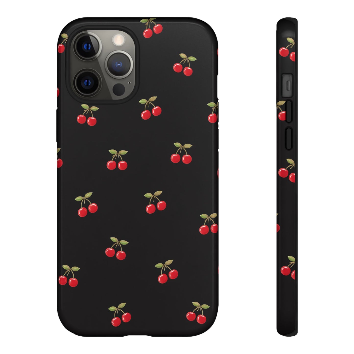 Cherry Pattern Phone Case — Slim Black Protective iPhone Case with Red Cherries for Iphone, Samsung Galaxy and Pixel
