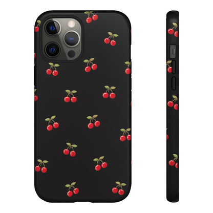 Cherry Pattern Phone Case — Slim Black Protective iPhone Case with Red Cherries for Iphone, Samsung Galaxy and Pixel