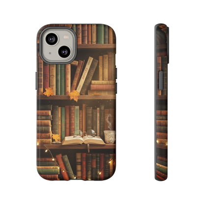 Cozy Vintage Bookshelf Phone Case, Library Aesthetic Book Stack, Autumn Coffee Vibes (iPhone, Samsung, Pixel)
