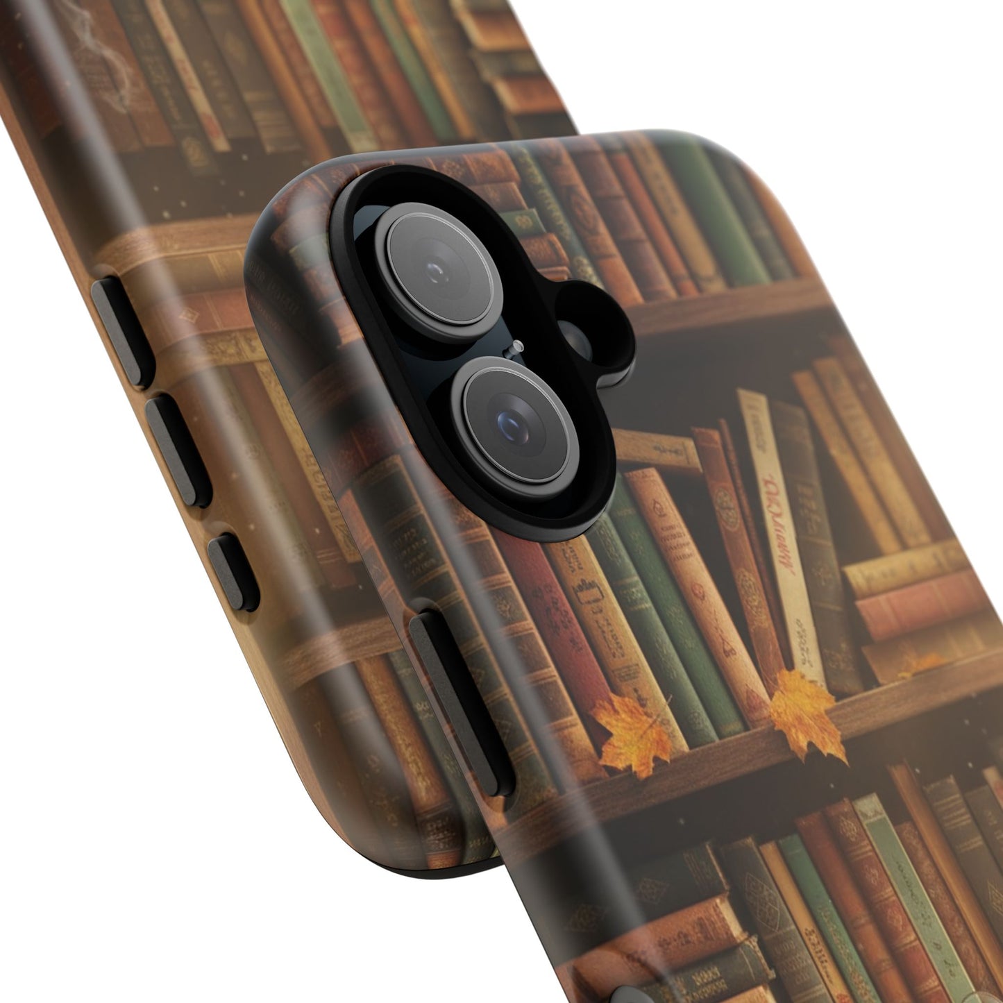 Cozy Vintage Bookshelf Phone Case, Library Aesthetic Book Stack, Autumn Coffee Vibes (iPhone, Samsung, Pixel)