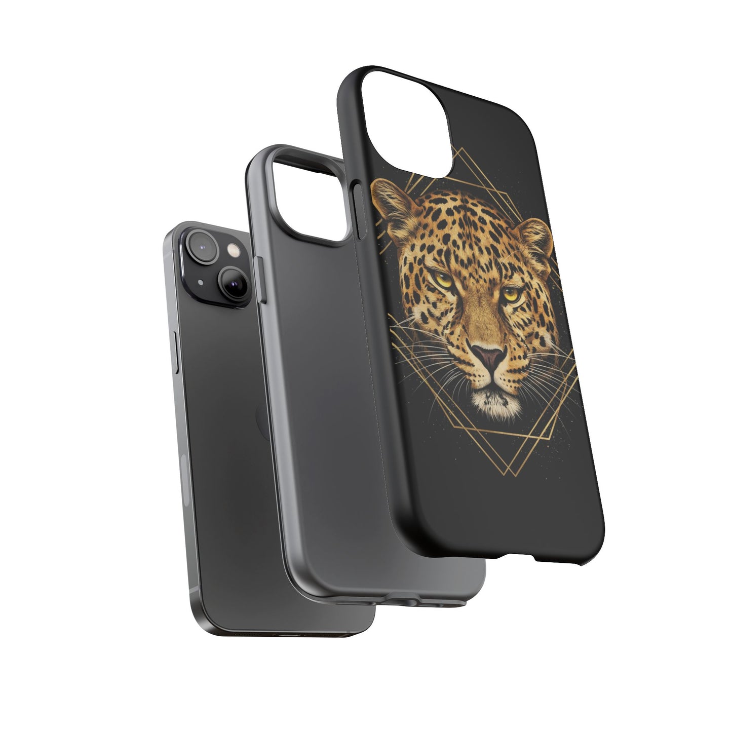 Leopard Head Geometric Phone Case – Black & Gold Luxe Tough Case