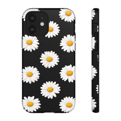 Black Daisy Floral Tough Phone Case – Cute Protective Cover for Iphone, Samsung Galaxy and Pixel