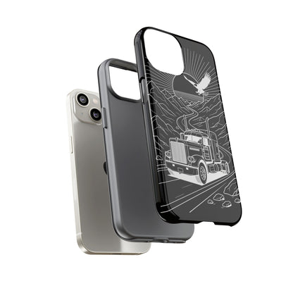 Trucker Highway Phone Case | Eagle & Mountain Line Art | Black Western Tough Case