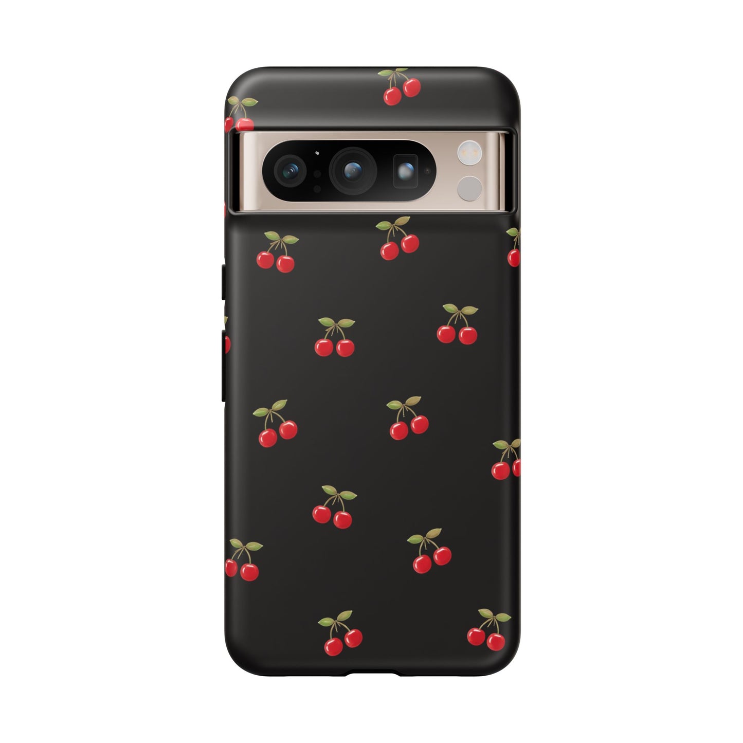 Cherry Pattern Phone Case — Slim Black Protective iPhone Case with Red Cherries for Iphone, Samsung Galaxy and Pixel