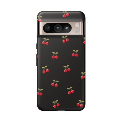 Cherry Pattern Phone Case — Slim Black Protective iPhone Case with Red Cherries for Iphone, Samsung Galaxy and Pixel