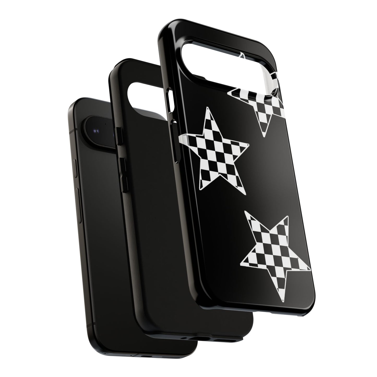Checkered Star Tough Phone Case – Black Retro Graphic Protective Cover for Iphone, Samsung Galaxy and Pixel