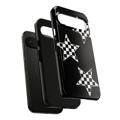 Checkered Star Tough Phone Case – Black Retro Graphic Protective Cover for Iphone, Samsung Galaxy and Pixel