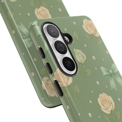 Vintage Rose Bow Phone Case – Sage Green Floral Coquette Aesthetic Tough Case (iPhone, Samsung, Pixel)