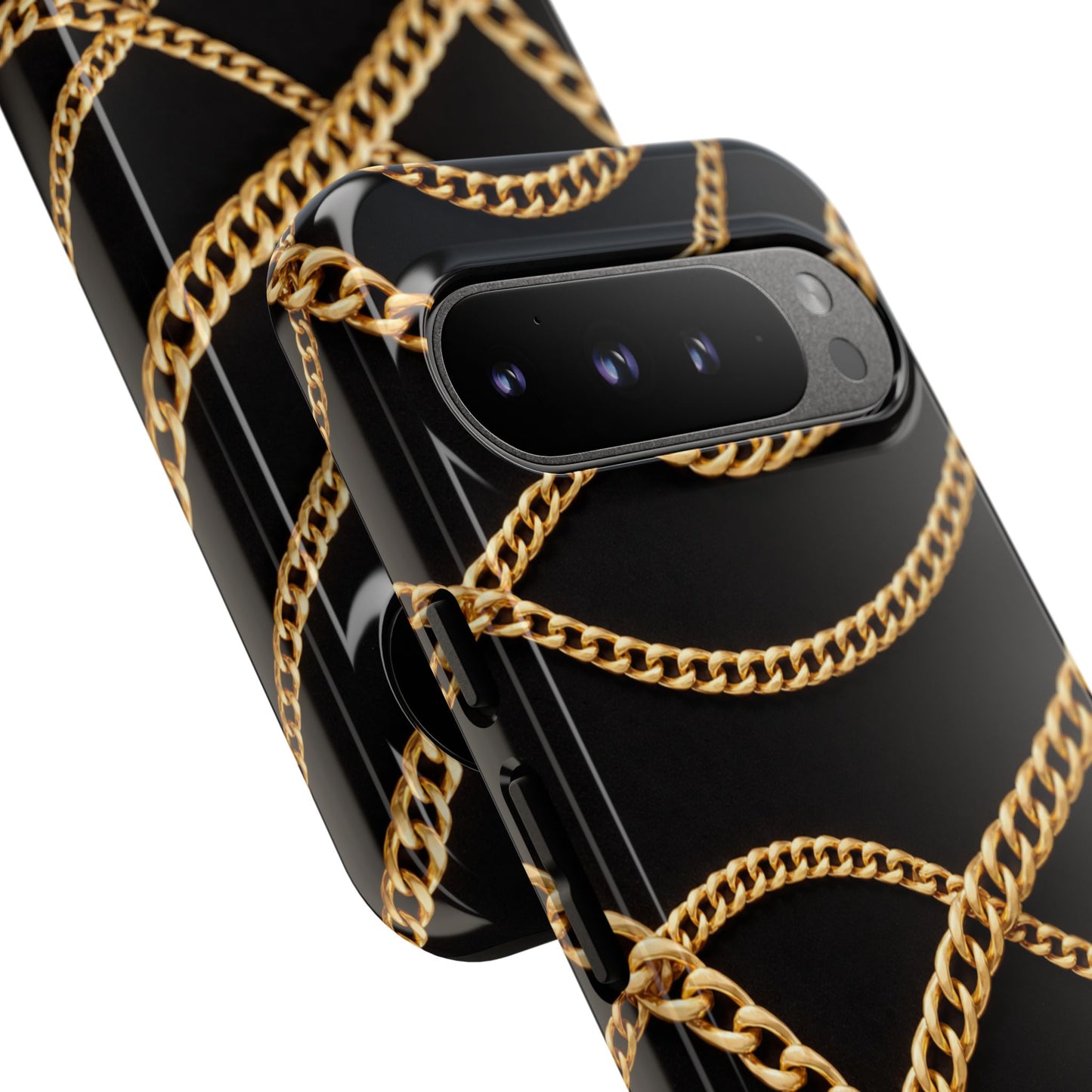 Luxury Gold Chain Phone Case – Black Designer Style Tough Protective Cover for Iphone, Samsung Galaxy and Pixel