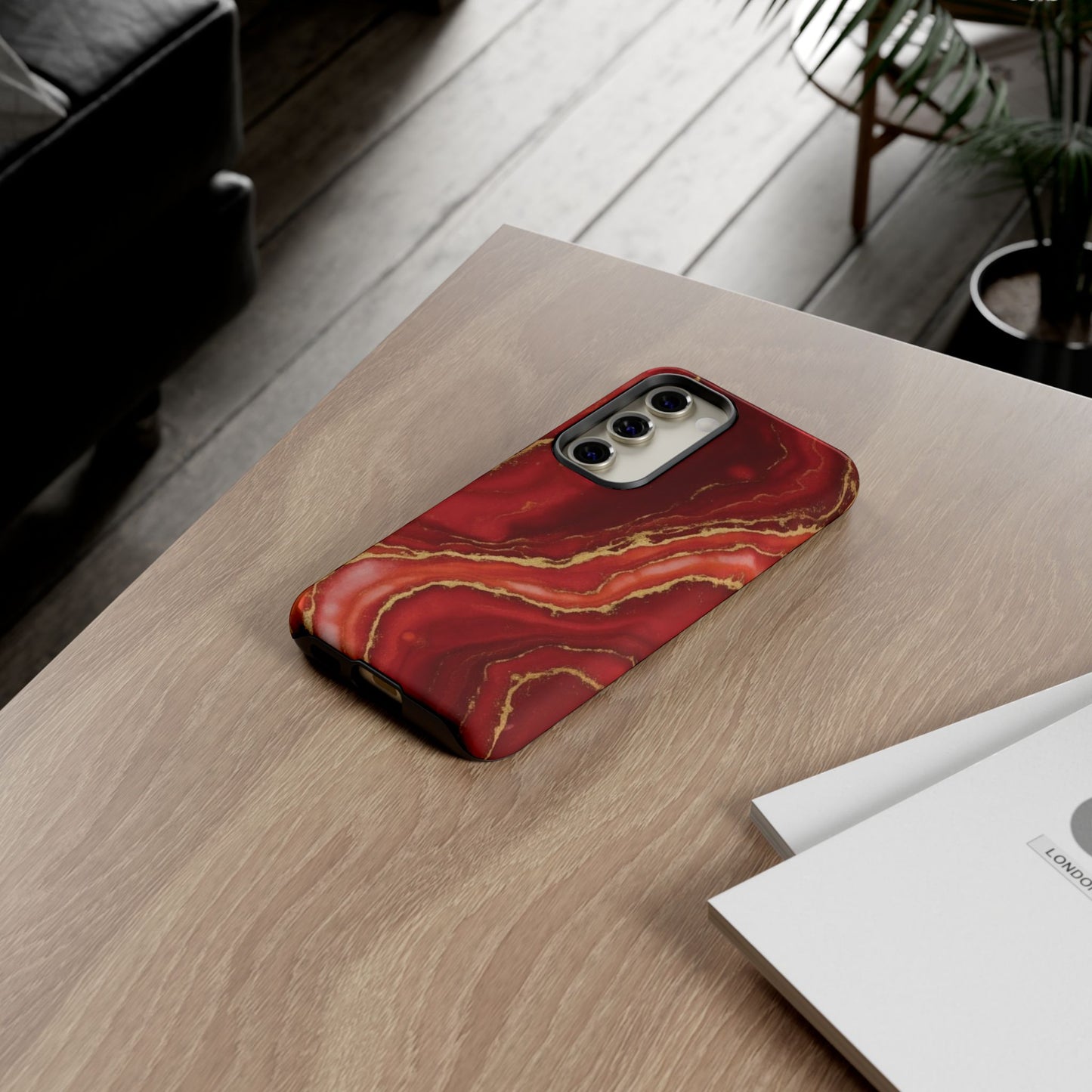 Red Agate Marble Phone Case – Gold Vein Luxury Stone Tough Case (iPhone, Samsung, Pixel)