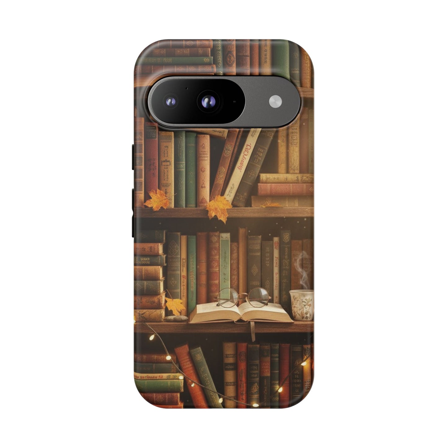 Cozy Vintage Bookshelf Phone Case, Library Aesthetic Book Stack, Autumn Coffee Vibes (iPhone, Samsung, Pixel)