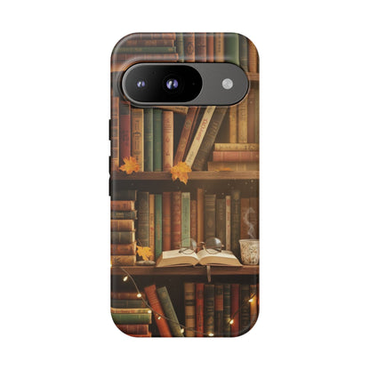 Cozy Vintage Bookshelf Phone Case, Library Aesthetic Book Stack, Autumn Coffee Vibes (iPhone, Samsung, Pixel)