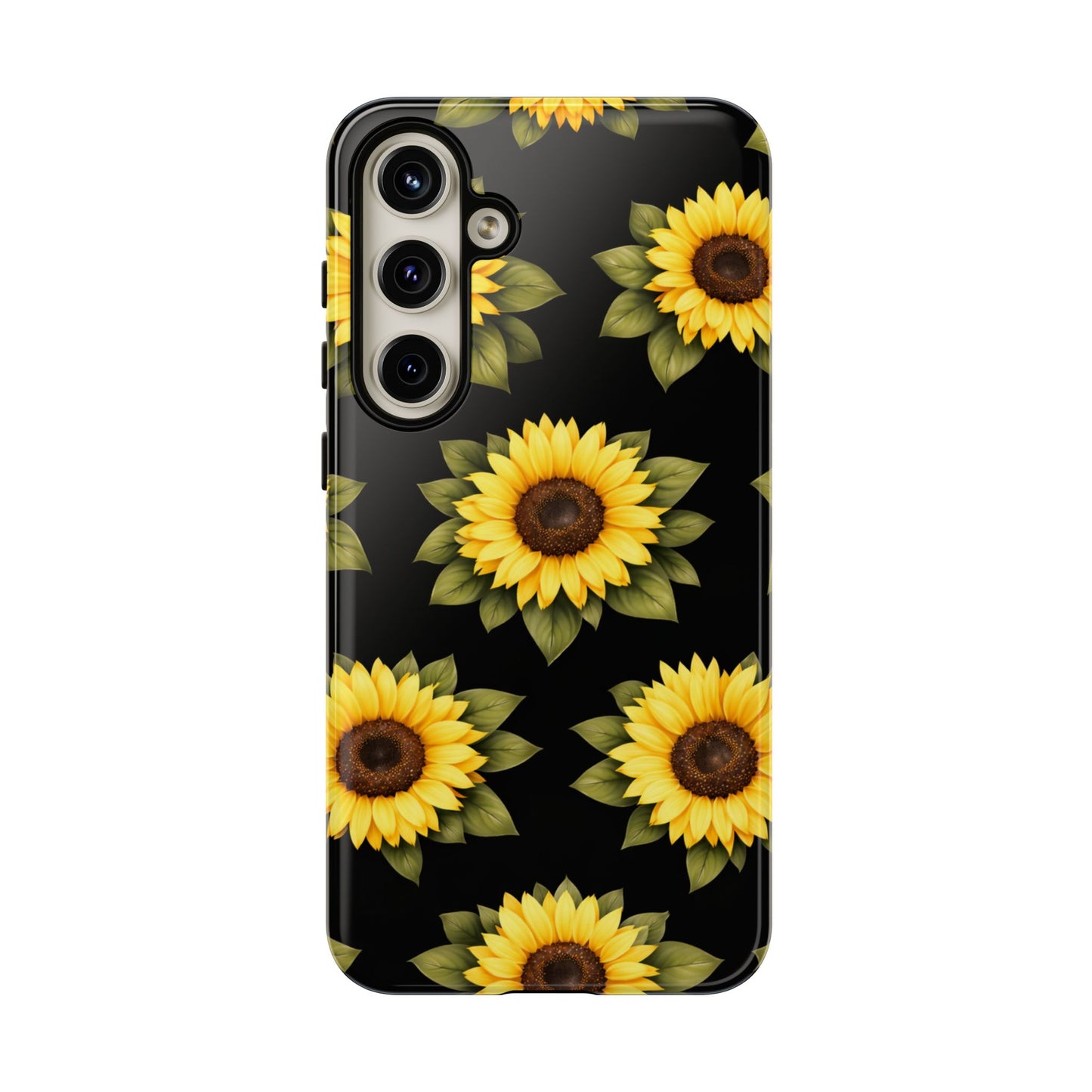 Sunflower Floral Tough Phone Case – Black Background Protective Cover for Iphone, Samsung Galaxy and Pixel