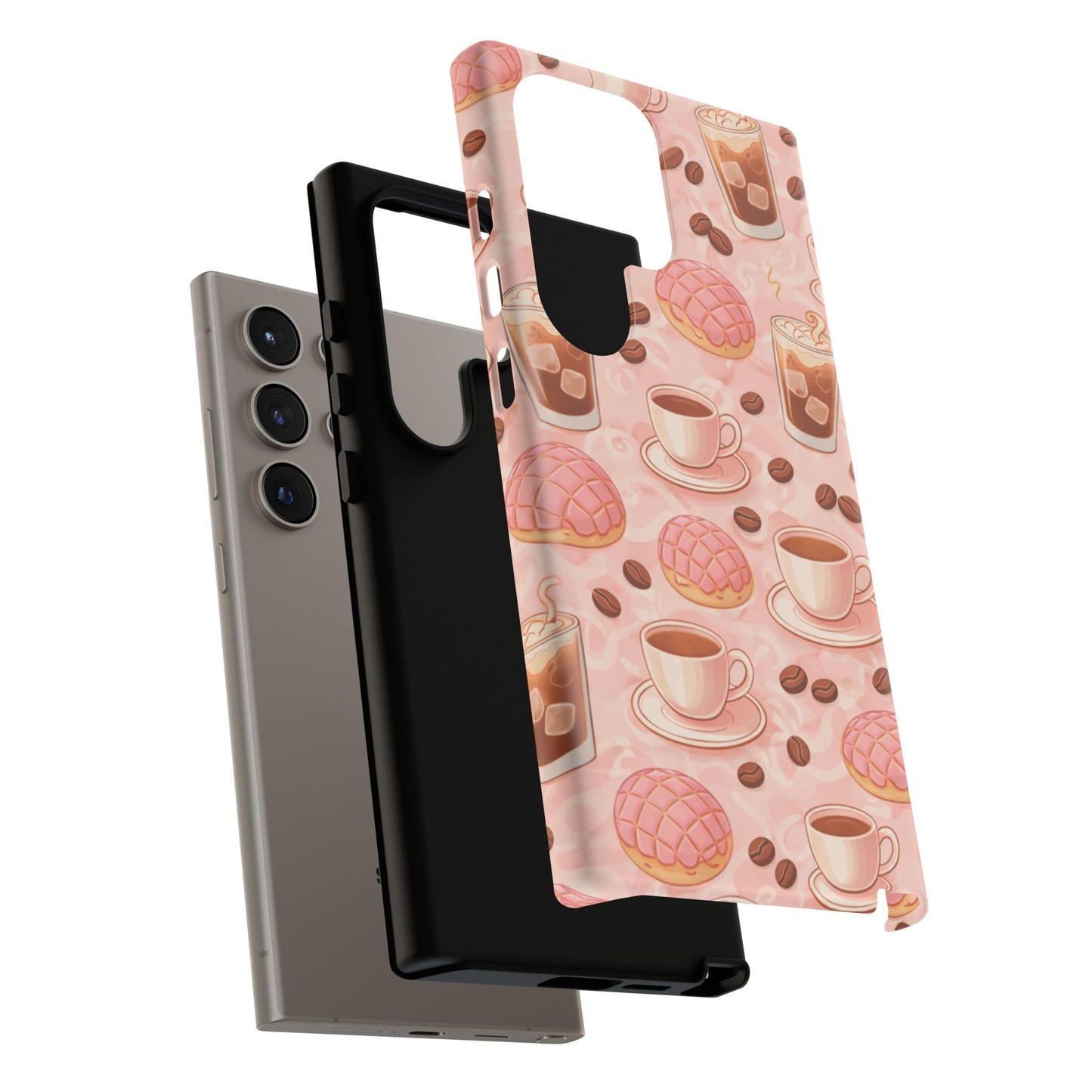 Cute Coffee & Pink Concha Phone Case – Coffee Lover Aesthetic Latte Pattern Tough Case