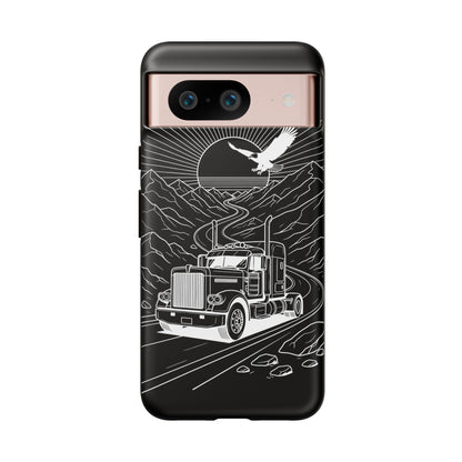 Trucker Highway Phone Case | Eagle & Mountain Line Art | Black Western Tough Case