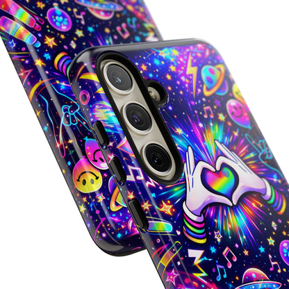 Rainbow Heart Hands Phone Case – Neon Galaxy EDM Festival Tough Cover