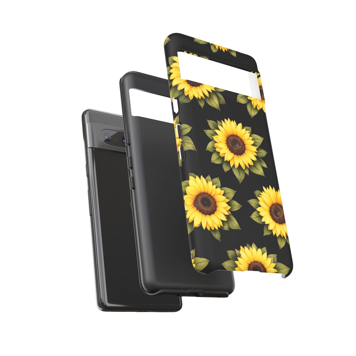 Sunflower Floral Tough Phone Case – Black Background Protective Cover for Iphone, Samsung Galaxy and Pixel