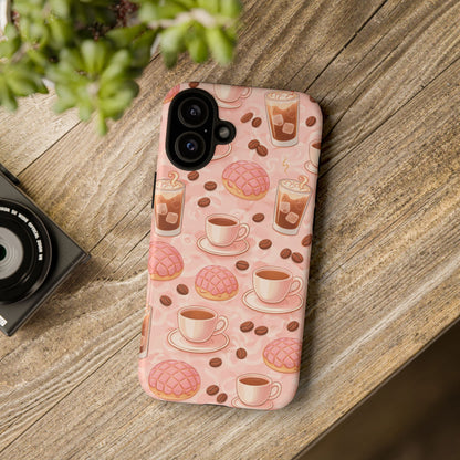 Cute Coffee & Pink Concha Phone Case – Coffee Lover Aesthetic Latte Pattern Tough Case