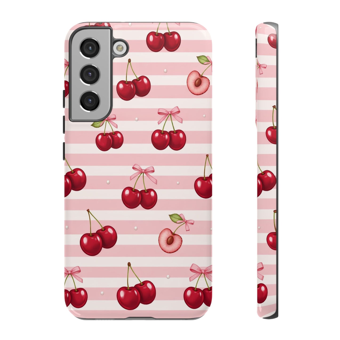 Coquette Cherry Bow Phone Case | Cute Pink Aesthetic Cherry Pattern Tough Case for iPhone & Samsung