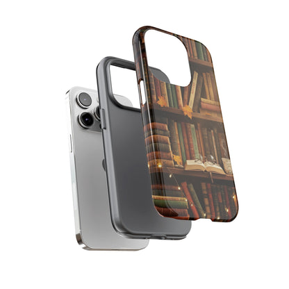 Cozy Vintage Bookshelf Phone Case, Library Aesthetic Book Stack, Autumn Coffee Vibes (iPhone, Samsung, Pixel)
