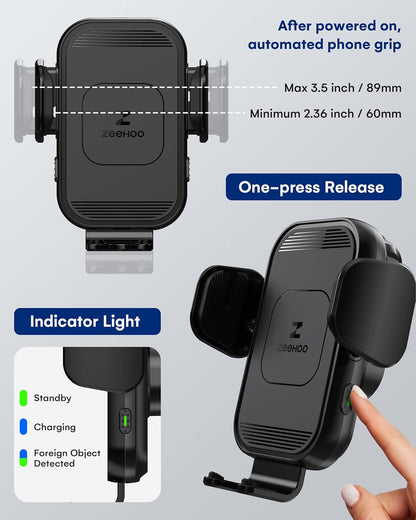 Wireless Car Charger, 15W Fast Charging, Auto Clamping Car Phone Mount, Cell Phone Holder Charger, for Iphone 15 14 13 12 11 Pro Max Xs, Etc. (Black)