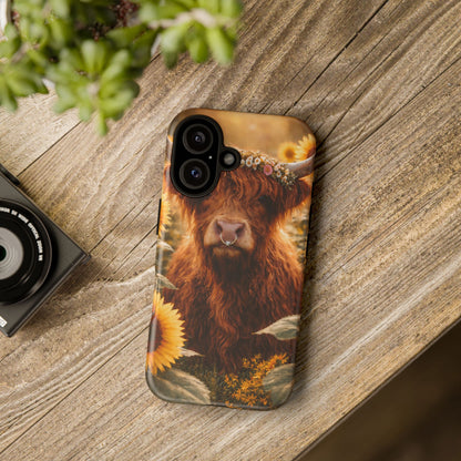 Highland Cow Sunflower Phone Case | Floral Farmhouse iPhone, Samsung Galaxy and Pixel Cover