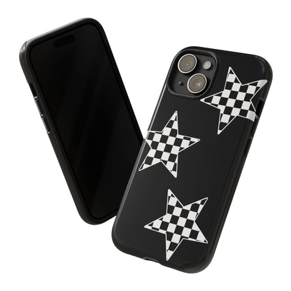 Checkered Star Tough Phone Case – Black Retro Graphic Protective Cover for Iphone, Samsung Galaxy and Pixel