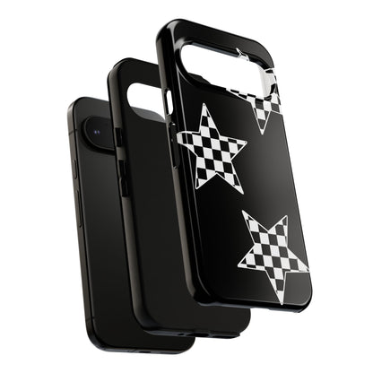 Checkered Star Tough Phone Case – Black Retro Graphic Protective Cover for Iphone, Samsung Galaxy and Pixel