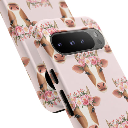 Floral Cow Phone Case – Cute Pink Cow Print Tough Protective Case for Iphone, Samsung Galaxy and Pixel