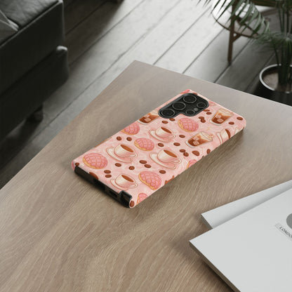 Cute Coffee & Pink Concha Phone Case – Coffee Lover Aesthetic Latte Pattern Tough Case