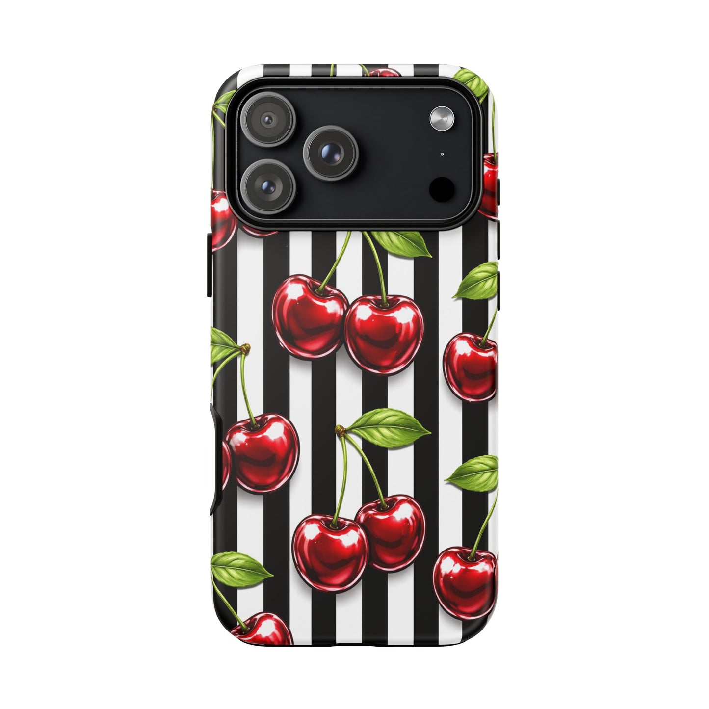 Cherry Pattern Phone Case Black White Stripe Retro Aesthetic Tough Cover