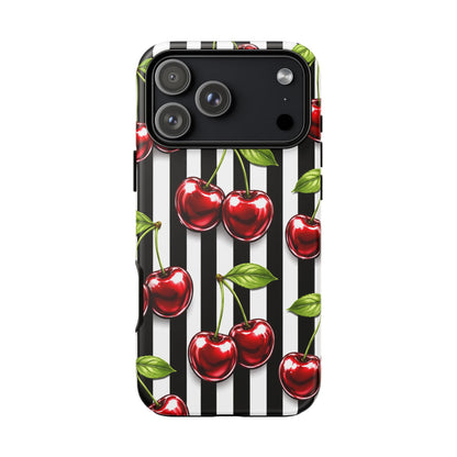 Cherry Pattern Phone Case Black White Stripe Retro Aesthetic Tough Cover