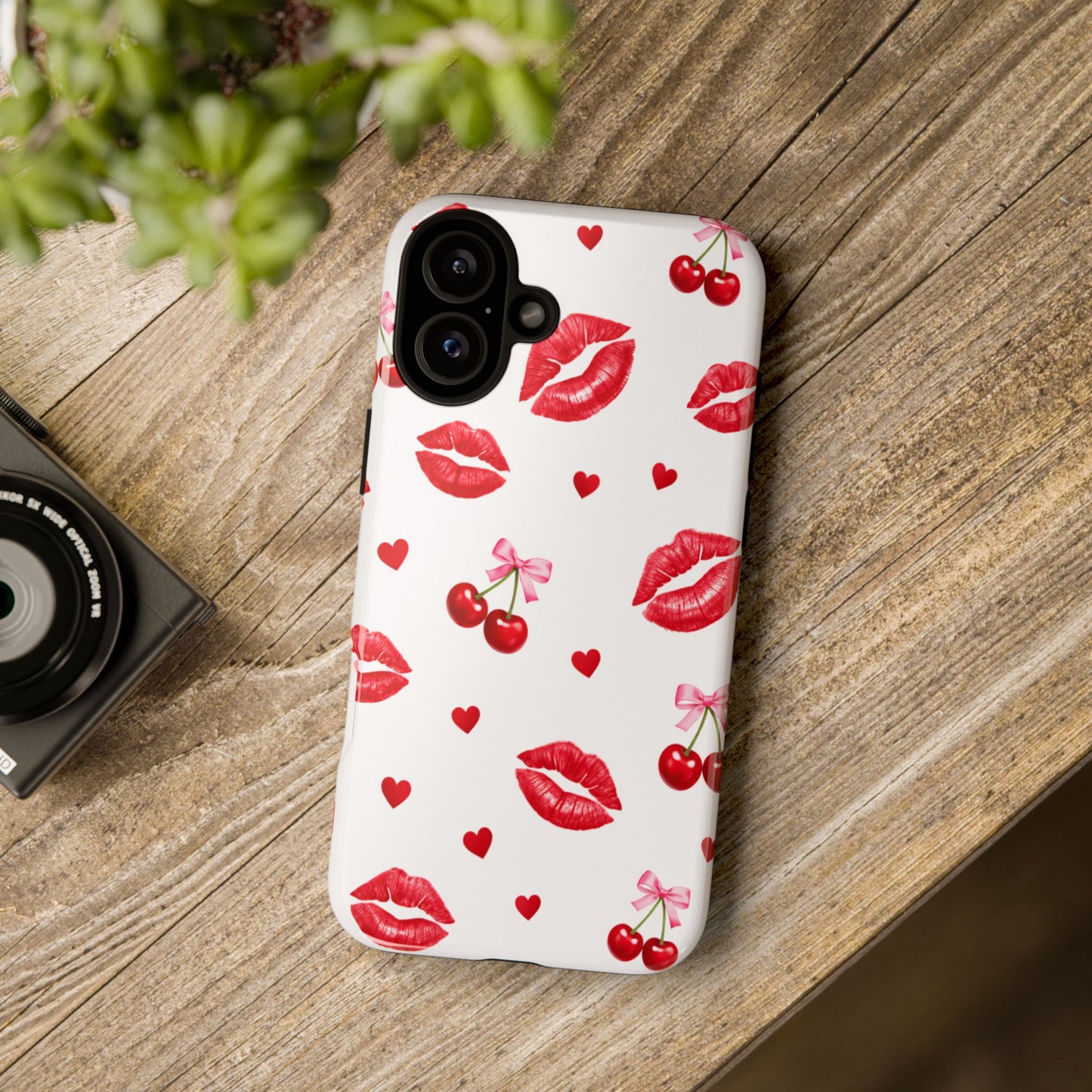 Red Lips & Cherry Phone Case – Y2K Retro Aesthetic Tough Cover