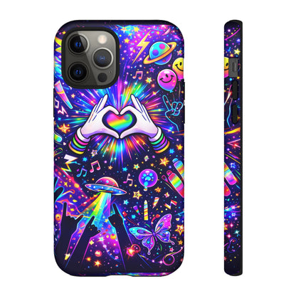Rainbow Heart Hands Phone Case – Neon Galaxy EDM Festival Tough Cover