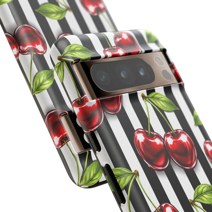 Cherry Pattern Phone Case Black White Stripe Retro Aesthetic Tough Cover