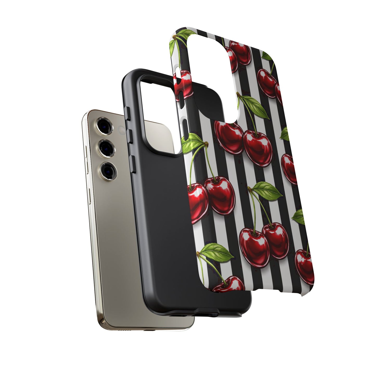 Cherry Pattern Phone Case Black White Stripe Retro Aesthetic Tough Cover