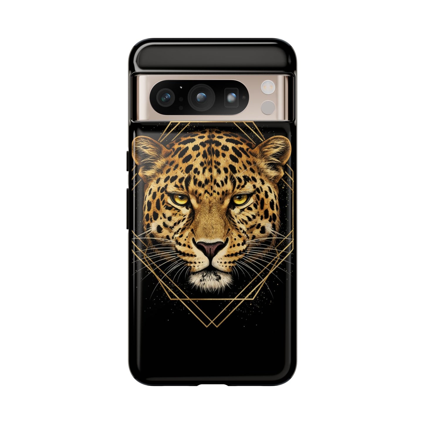 Leopard Head Geometric Phone Case – Black & Gold Luxe Tough Case