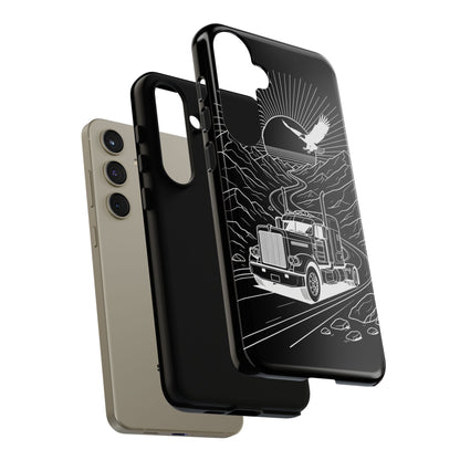 Trucker Highway Phone Case | Eagle & Mountain Line Art | Black Western Tough Case