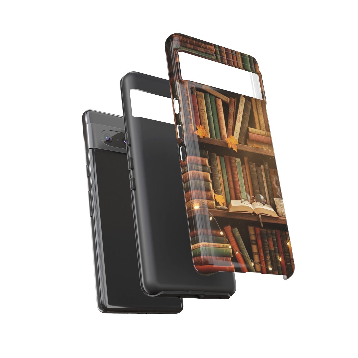 Cozy Vintage Bookshelf Phone Case, Library Aesthetic Book Stack, Autumn Coffee Vibes (iPhone, Samsung, Pixel)