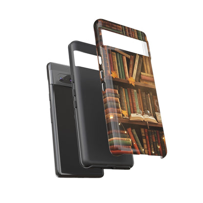 Cozy Vintage Bookshelf Phone Case, Library Aesthetic Book Stack, Autumn Coffee Vibes (iPhone, Samsung, Pixel)