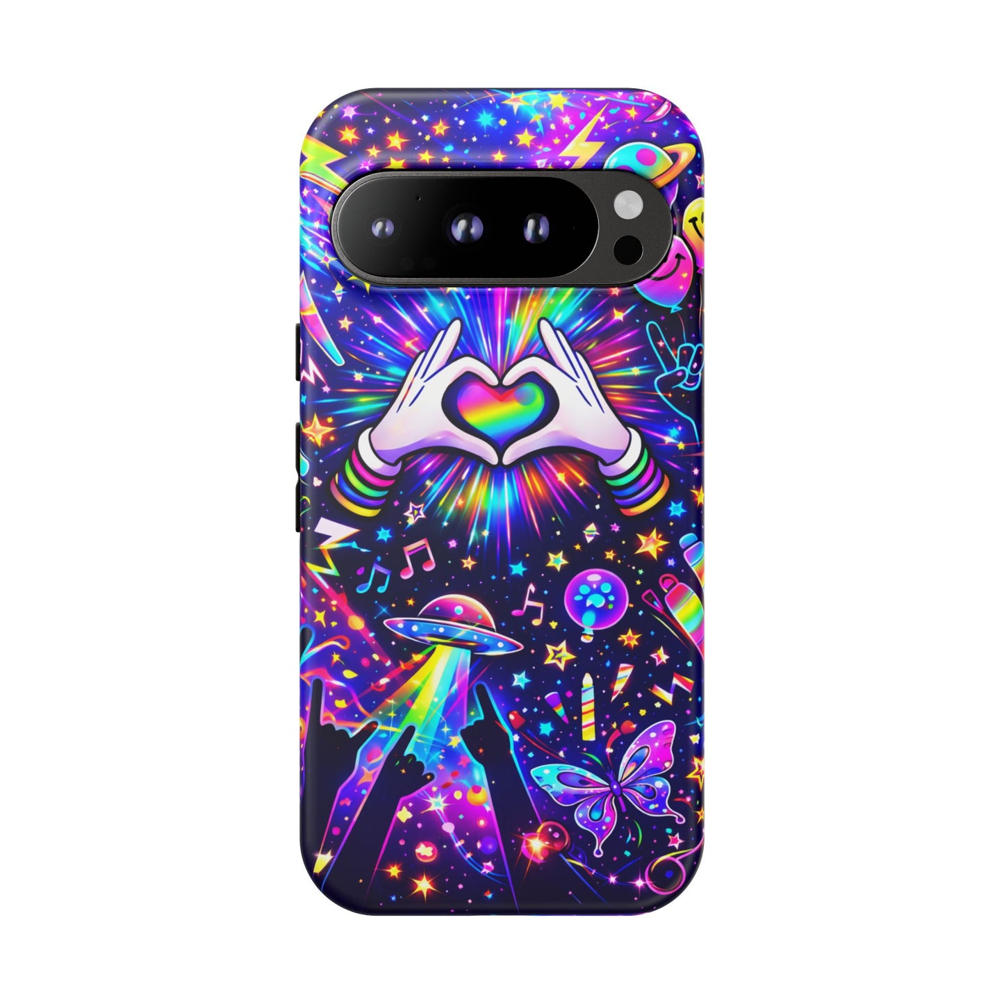 Rainbow Heart Hands Phone Case – Neon Galaxy EDM Festival Tough Cover