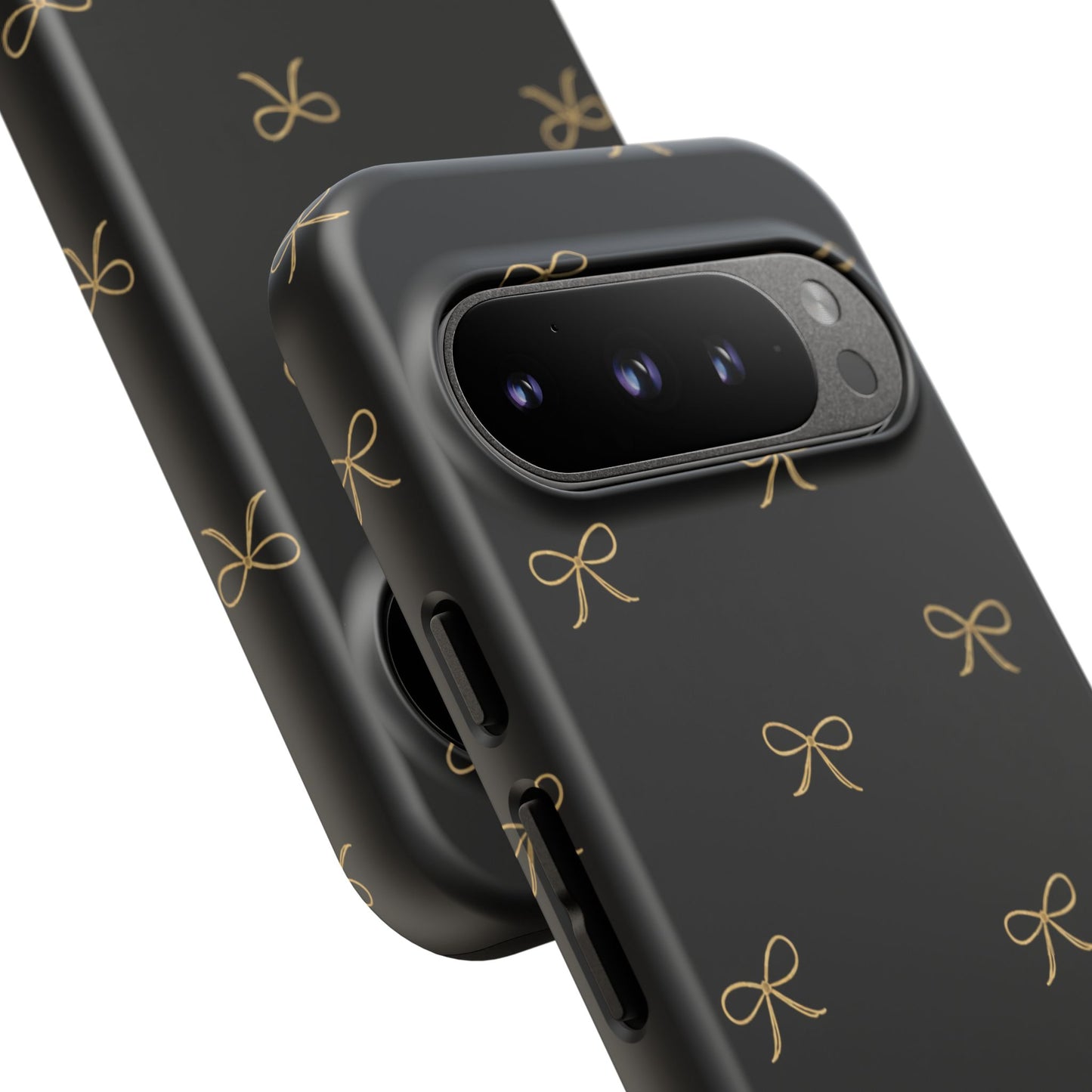 Black Phone Case with Gold Bow Pattern – Slim Protective Cute Aesthetic Cover for Iphone, Samsung Galaxy and Pixel
