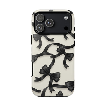 Black Ribbon Bow Phone Case, Minimal Bow Pattern Tough Protective Case