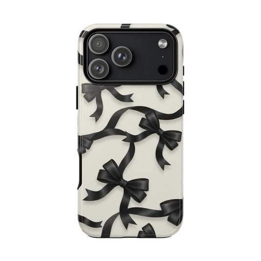 Black Ribbon Bow Phone Case, Minimal Bow Pattern Tough Protective Case