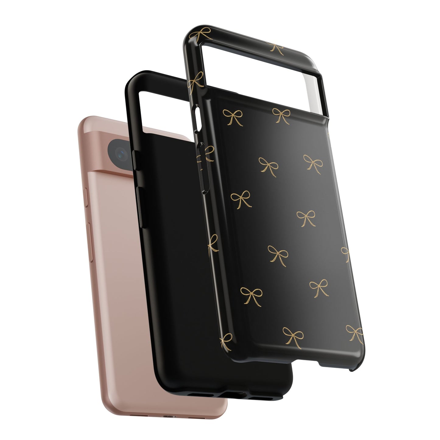 Black Phone Case with Gold Bow Pattern – Slim Protective Cute Aesthetic Cover for Iphone, Samsung Galaxy and Pixel